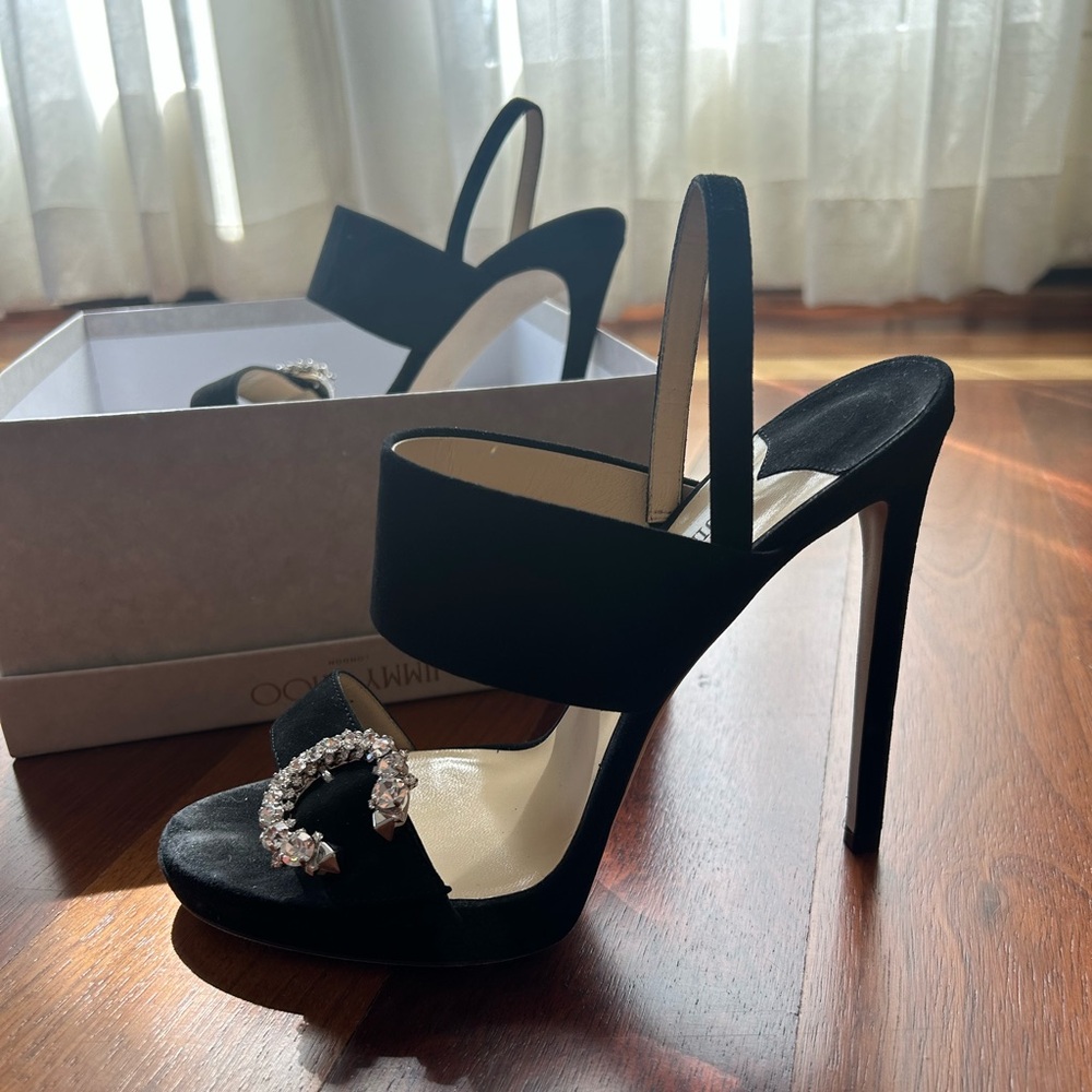 Jimmy Choo Black Slingback Heels with Crystal Buckles - Picture 3 of 6